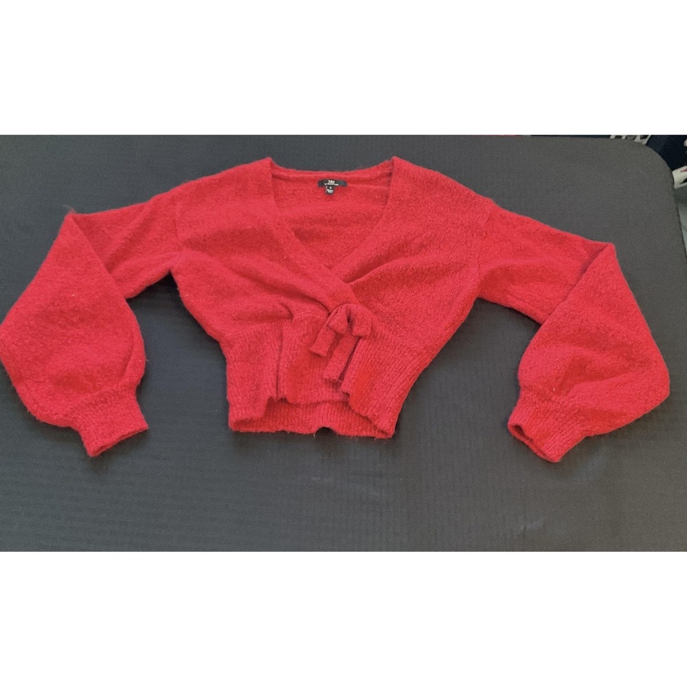 MM by My Michelle Sweater Womens Small Red Faux Wrap Front Cardigan Knit Cropped